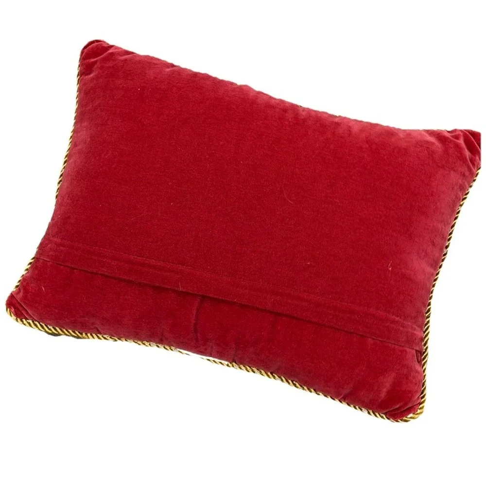 Vintage Needlepoint Floral Tapestry Pillow 11x14 Red Gold Rope Trim Velvet Back